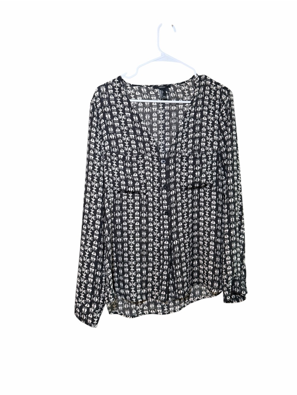 Black & White Patterned V-Neck Womens Blouse
